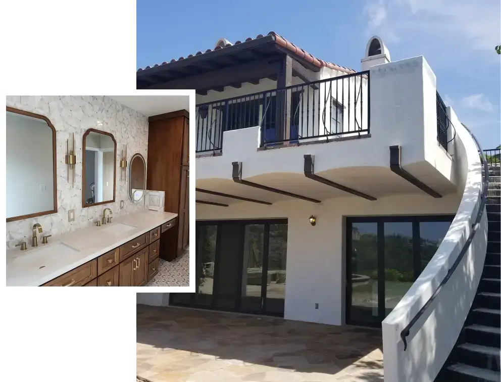 House exterior and bathroom vanity combination.