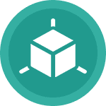 A white 3D cube icon with axes on a teal circular background.